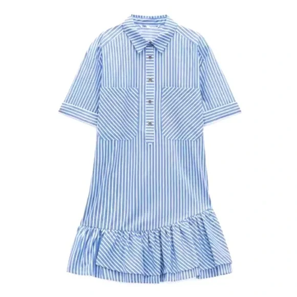 Zara Blue and Cream Striped Mini Dress Ruffle Frill Size Small Oversized - Picture 8 of 9
